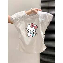 kt猫女童短款T恤蕾丝花边小飞袖卡通印花修身百搭小女孩短袖上衣