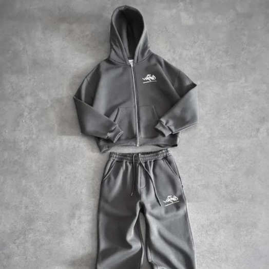 Damenbekleidung, Herren- und Damen-Trendiges Kapuzen-Zip-Jacket mit passender Jogginghose - Streetwear mit 2D-Print (Stahlgrau/Marineblau)_voghion.com