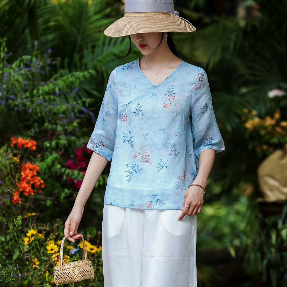 Весна и лето 2021 новая хлопковая и льняная Женская одежда в литературном стиле блузка с принтом рами и V-образным вырезом Свободный Топ