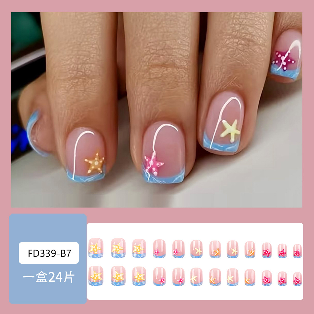 Estrella de mar 3D estereoscópica dopamina francesa desgaste uñas vacaciones de verano 24 piezas de parche de uñas mezclado