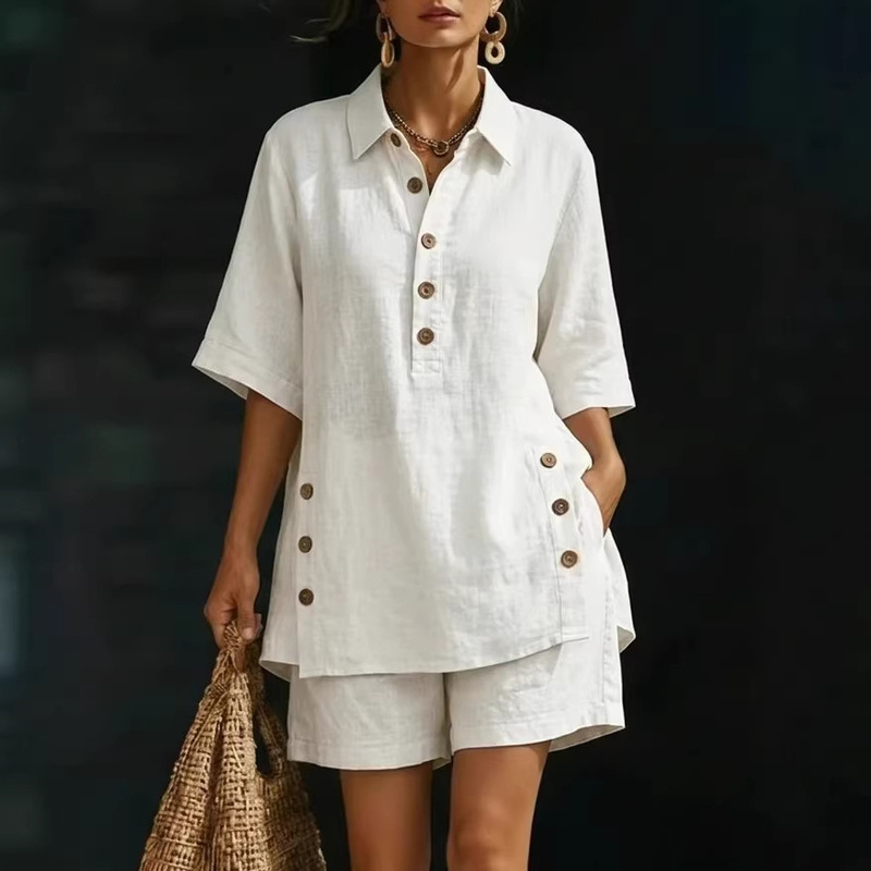 Shirt and Shorts Two-Piece Set Summer Comfortable Casual Japanese and Korean Style Cross-Border Foreign Trade European and American Amazon Independent Site