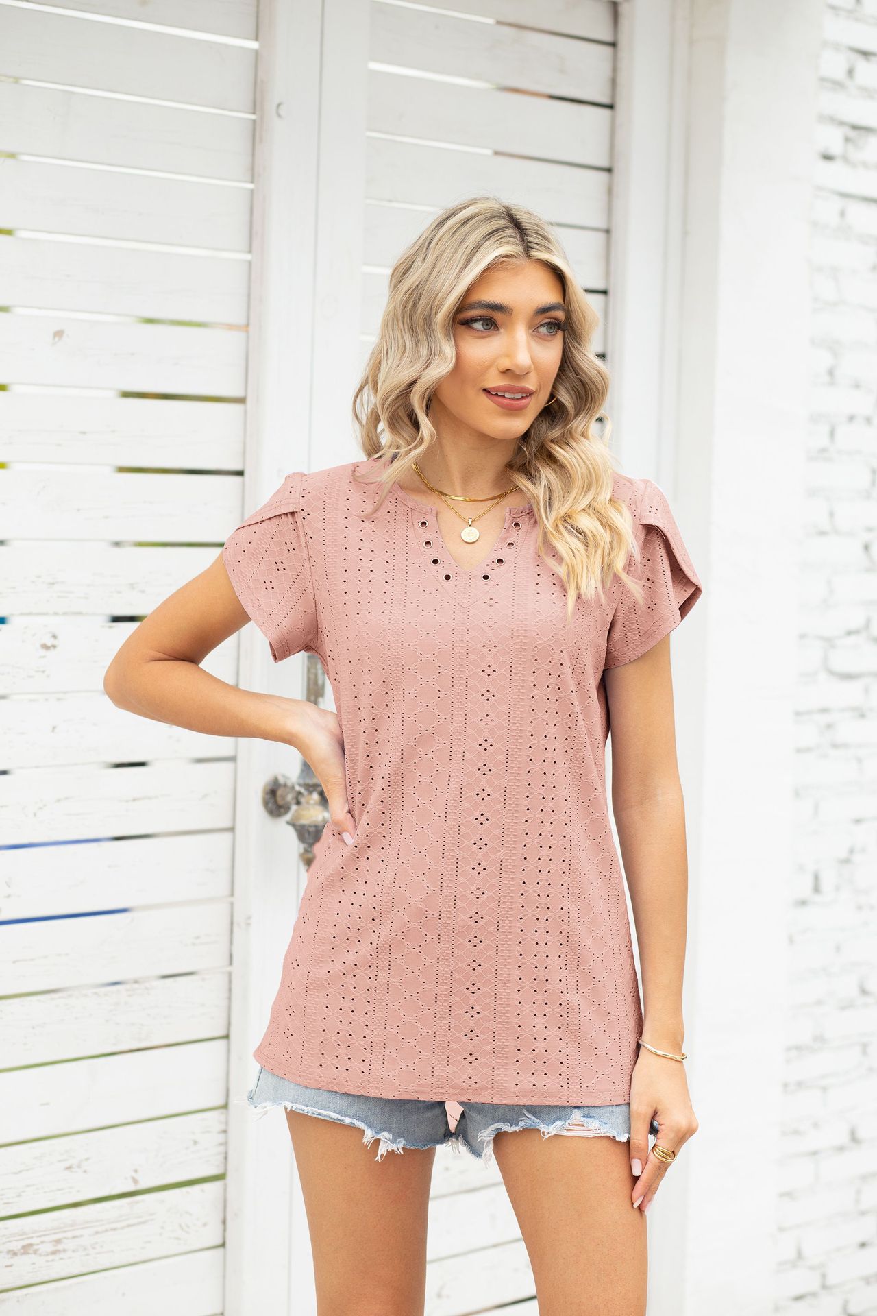Women's Clothing V-neck Button Hollow Loose Short Sleeve T-shirt Tops_voghion.com