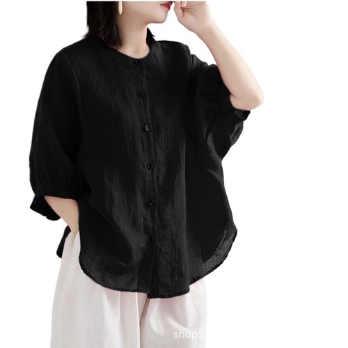 Spring and Autumn Cotton Linen Blouse Women Lantern Sleeve Retro Literary Top Plus Size Loose Medium Sleeve Blouse for Women Trendy