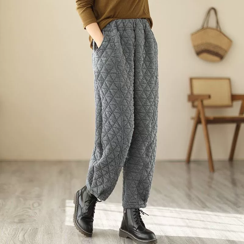 Japanese retro quilted warm trousers with diamond pattern, oversize