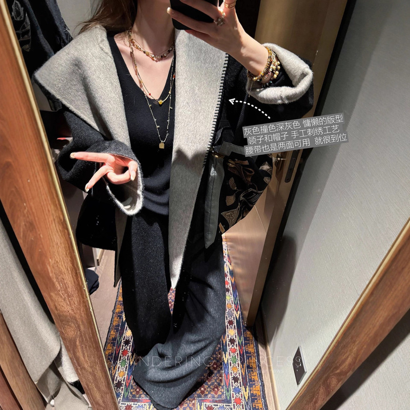 Hooded Color-Blocked Ab-Sided Double-Sided Cashmere Coat, Reversible Hand-Stitched Woolen Coat for Women, New Woolen Coat for Autumn and Winter 2026 Hooded Color-Blocked Ab-Sided Double-Sided Cashmere Coat, Reversible Hand-Stitched Woolen Coat for Women, New Woolen Coat for Autumn and Winter 2026