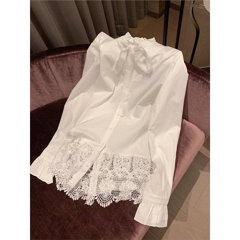 LW-7038 Spring New Lace Bow Stitching Shirt Women's Long-sleeved Design Niche Collar Hollow Lining