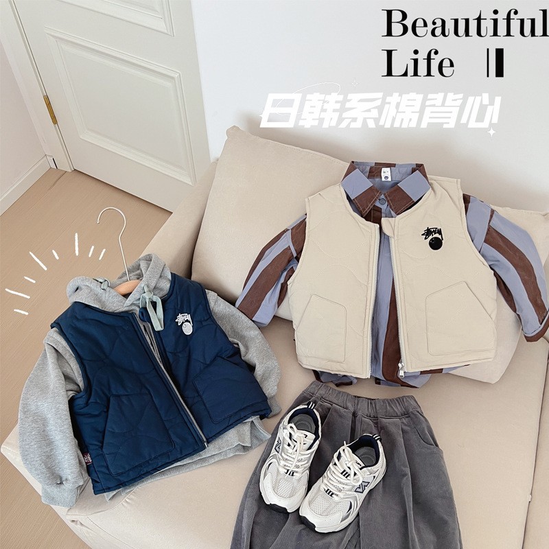 Chaleco de algodón bordado para niños y niñas de estilo coreano de primavera, Otoño e Invierno estilo occidental que combina todo el chaleco acolchado cálido en stock suministro directo