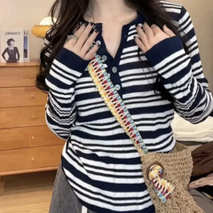 春装半开领条纹长袖t恤女士秋季新款修身洋气内搭冬季打底衫上衣
