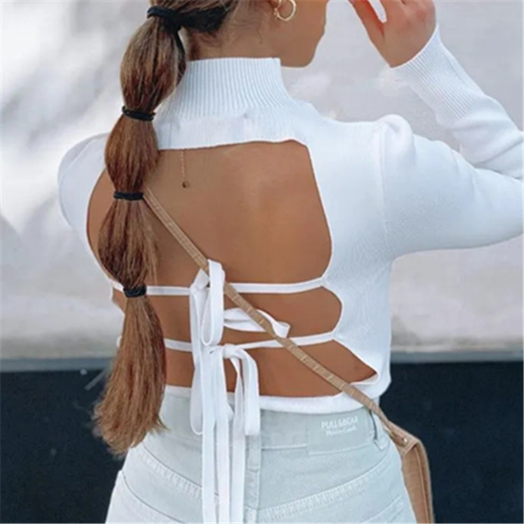 Rope design turtleneck backless sweater NSHS43491