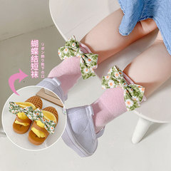 春夏季純色兒童棉襪子女寶寶雙針田園大蝴蝶結碎花童襪小清新批發