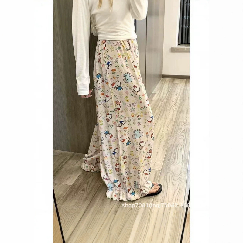 Cute little elephant Kitty print casual pants for women, summer Korean-style, trendy, loose-fitting, versatile, and featuring a floral pattern Cute little elephant Kitty print casual pants for women, summer Korean-style, trendy, loose-fitting, versatile, and featuring a floral pattern