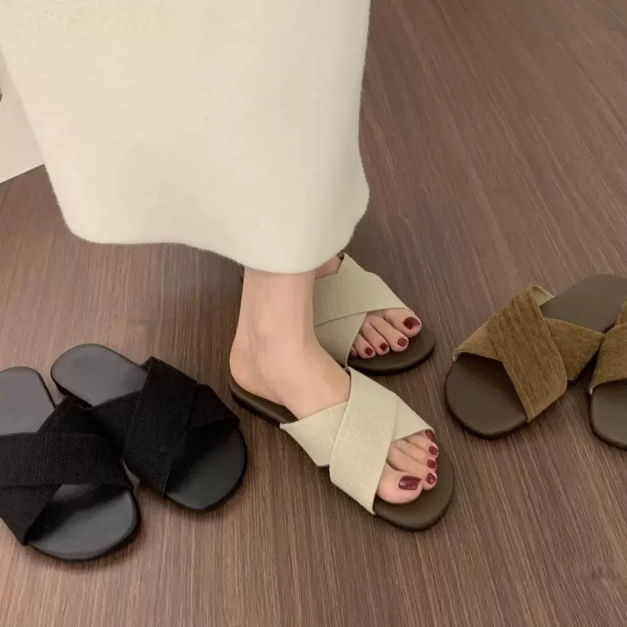 法式晚晚风亚麻交叉带平底凉拖鞋女外穿夏季海边度假休闲沙滩凉鞋