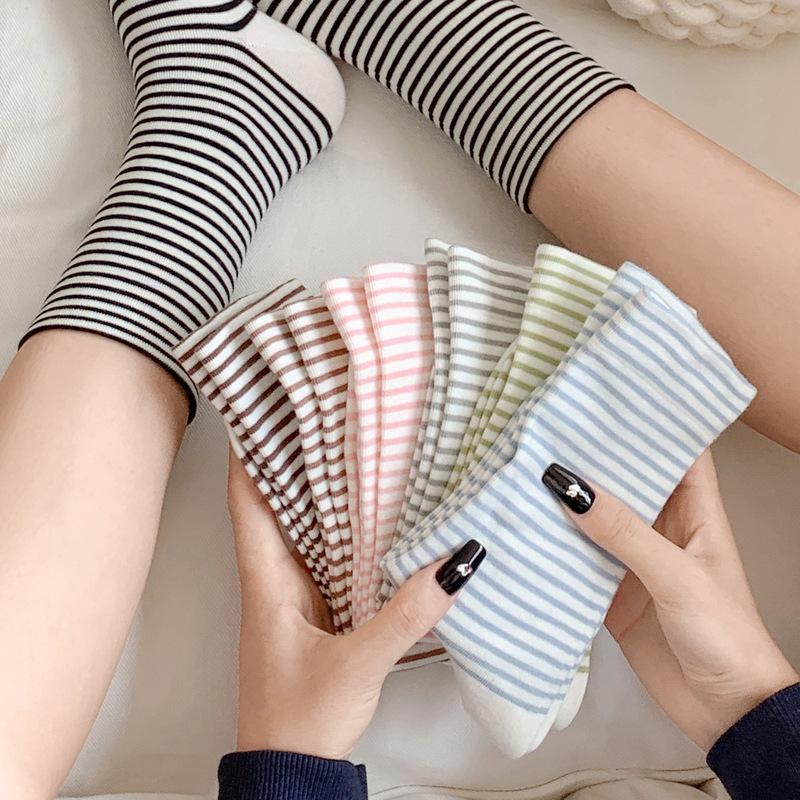 Socks for Women Spring and Summer Stripesd Women's Socks Ins Korean Style Ice Cream Color Pure Cotton Trendyy Versatile Mid-Calf Women's Socks