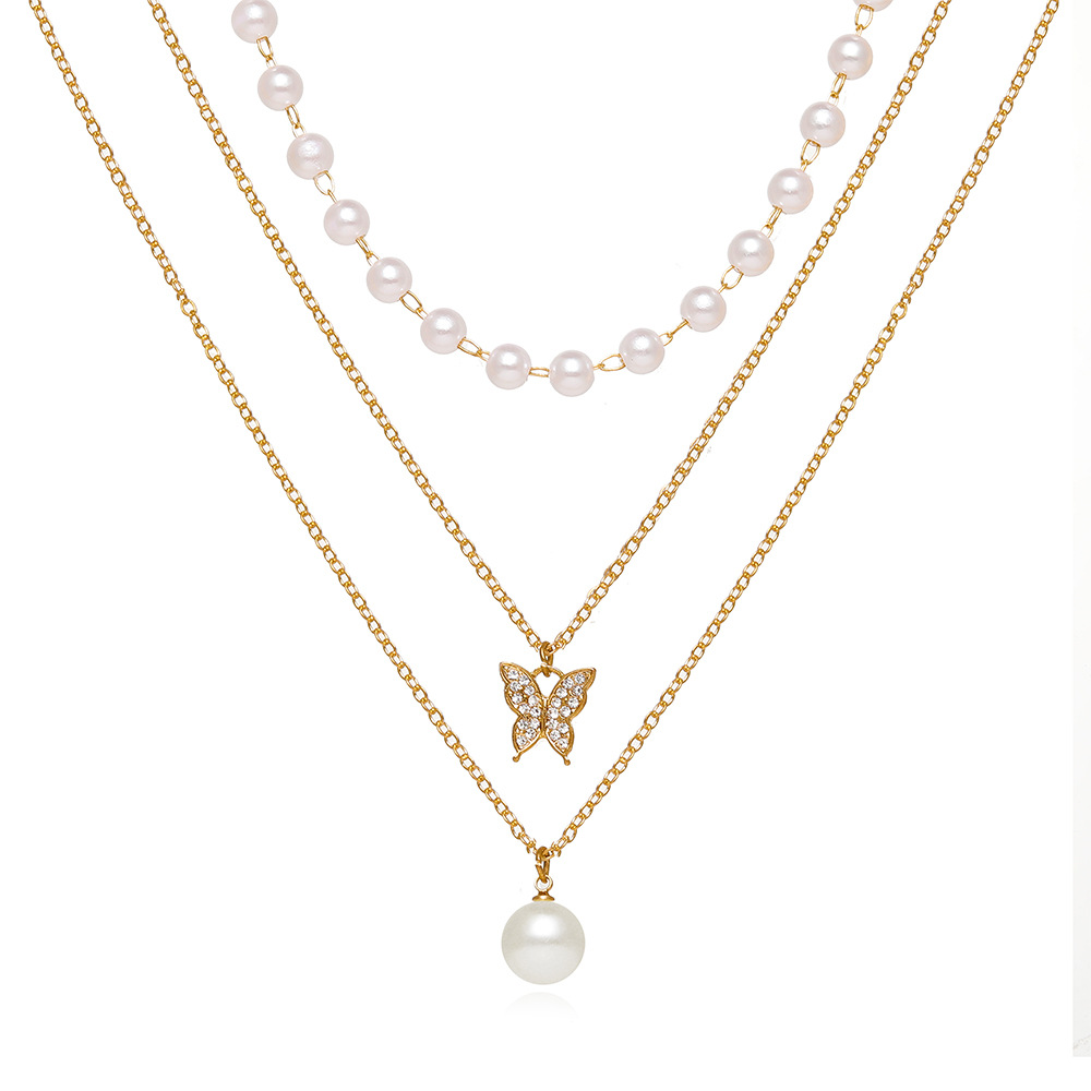 2022 New Creative Simple Pearl Diamond Butterfly Pendant Three Layer Necklace display picture 2