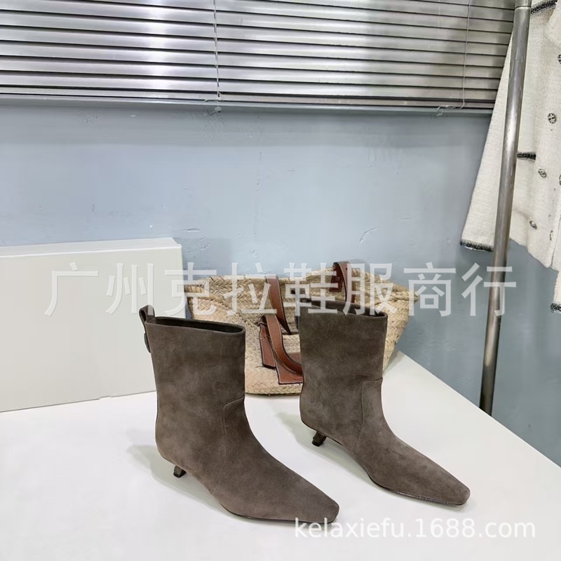 高定2025秋冬简易时髦真皮小方头猫跟一脚蹬高跟短靴时装单靴裸靴|undefined