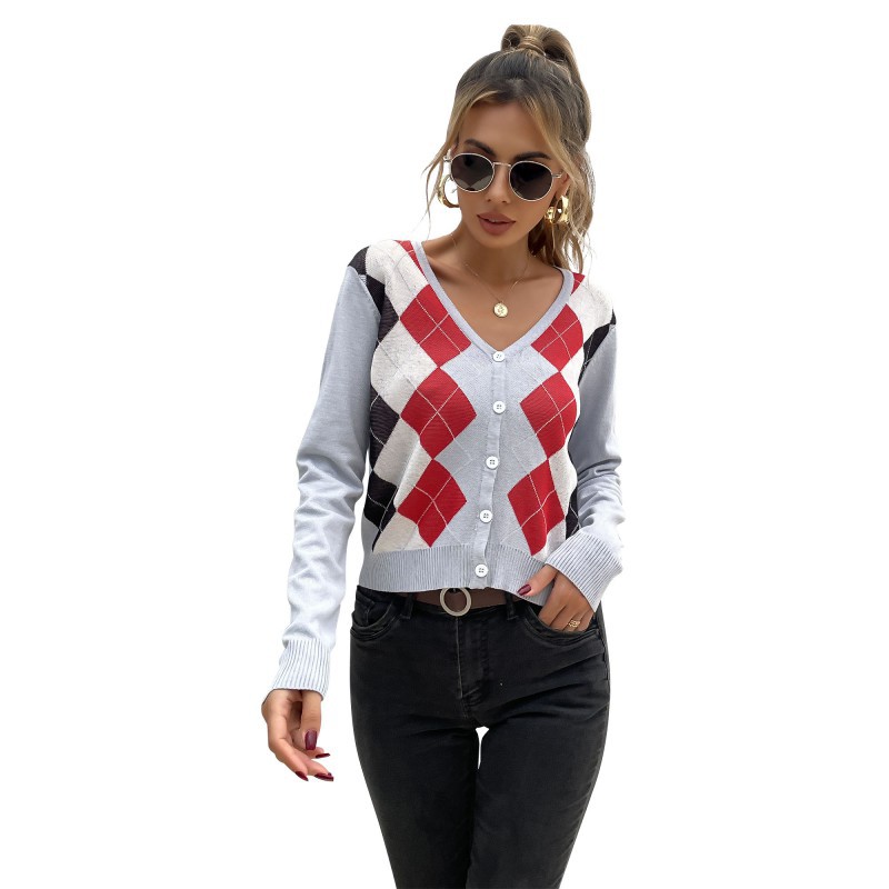 early autumn fashion women's rhombus top long-sleeved short lightweight_voghion.com