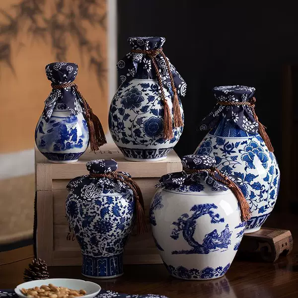 Jingdezhen Ceramic Blue and White Wine Bottle Wine Jar Empty Wine Bottle White Wine Sealed Wine Jar 1/2/3/ 2.5kg Small Wine Bottle