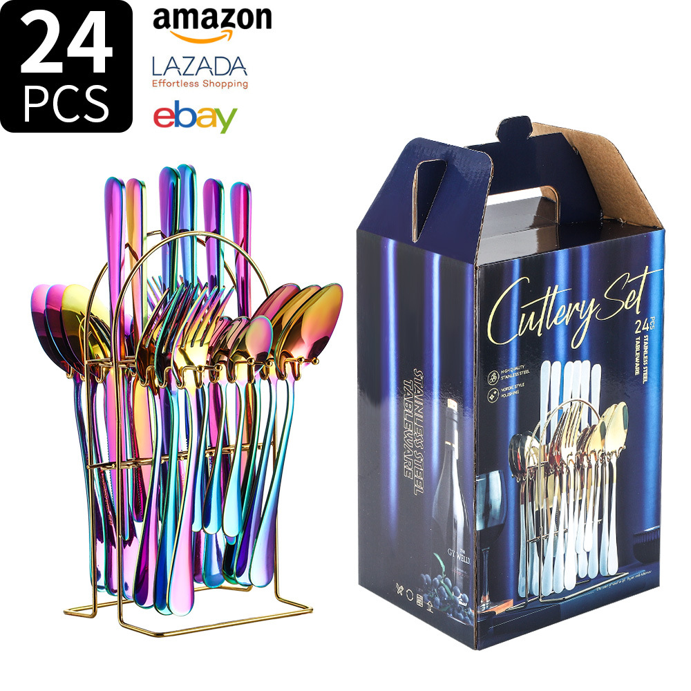 Juego de vajilla de acero inoxidable Transfronterizo Amazon 1010 juego de 24 piezas de vajilla occidental bistec cuchillo tenedor cuchara juego de caja de regalo