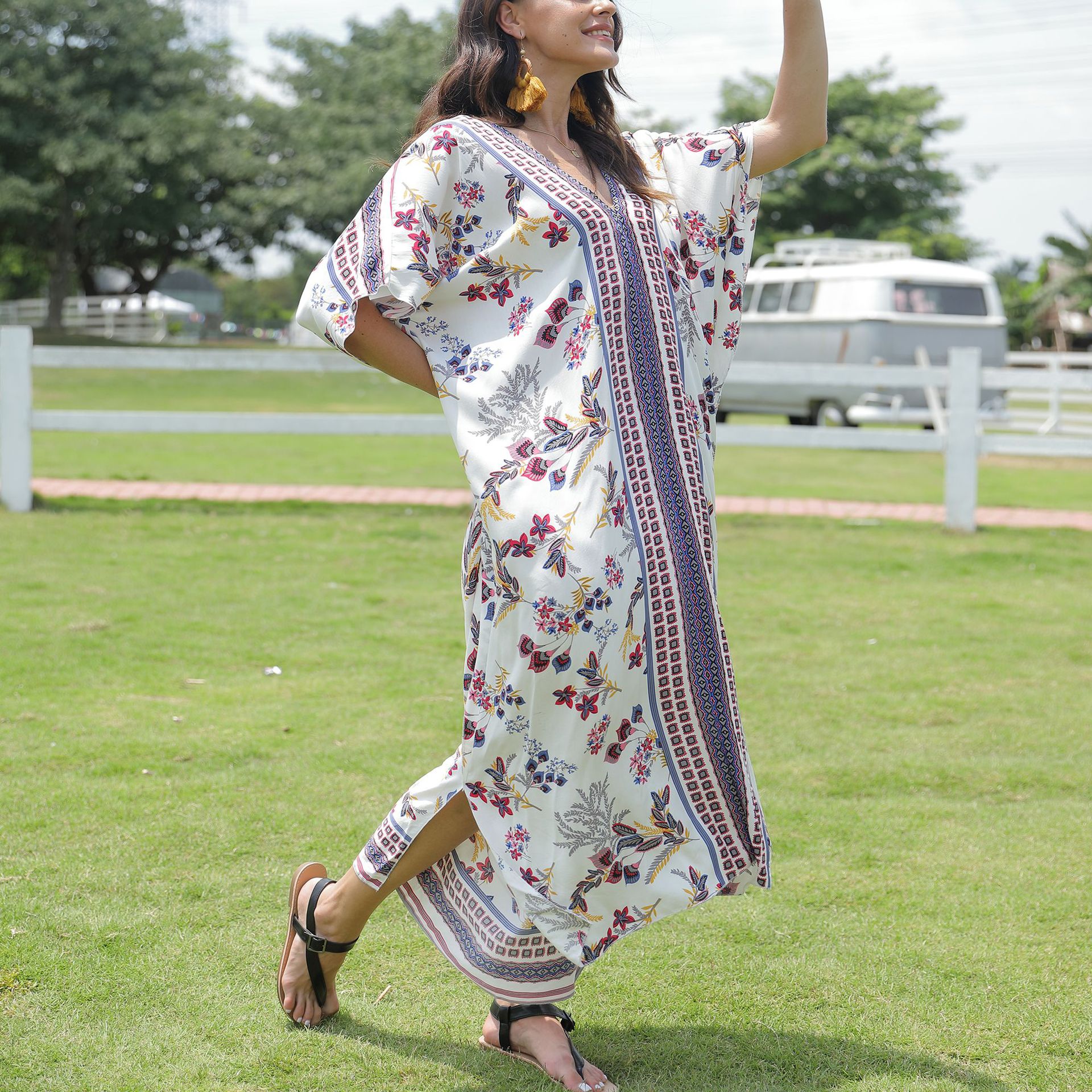 Transfronterizo Amazon deseo europeo y americano casual suelta túnica vacaciones vestido largo playa blusa Batwing manga robe 5d95