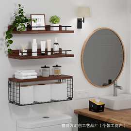 铁木结合壁挂式置物架墙面打孔易安装浮动架金属护栏墙上置物架