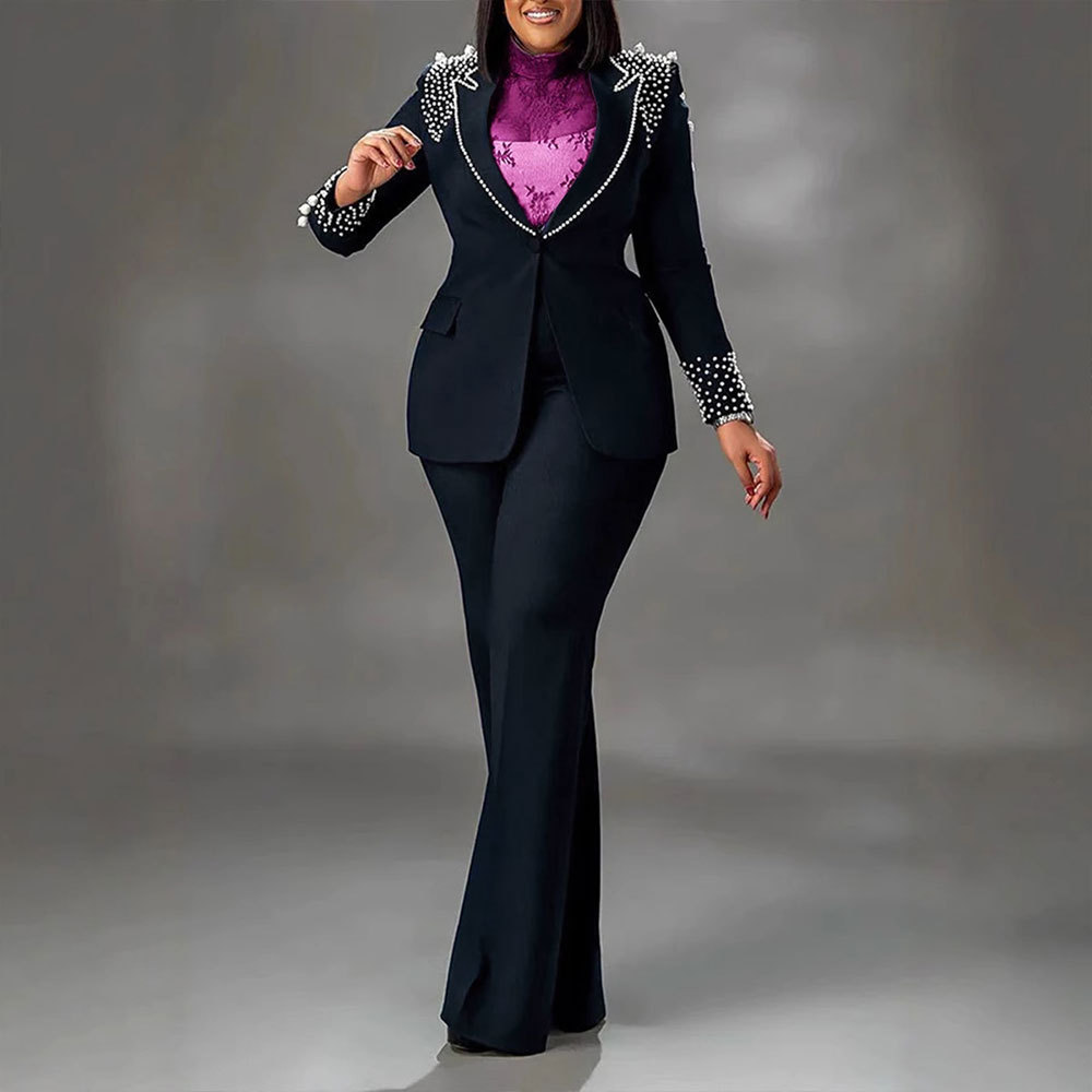 K3332 Women's European And American Style Pearl Embellished Slim Stretch Two Piece Suit Long Sleeved Regular Fit Summer Suit_ecoleips.com