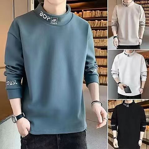 하프 하이 칼라 스웨터 남성용 겨울 기모 두꺼운 따뜻한베이스 셔츠 십대를위한 느슨한 모든 매치 탑 트렌디 티셔츠