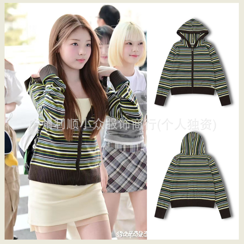 In-Stock Korean Trendy Brand Woo Yoon-Ah Same Style Knit Sweater Jacket Women Slim Fit Striped Hooded Zipper Cardigan Autumn Winter Style