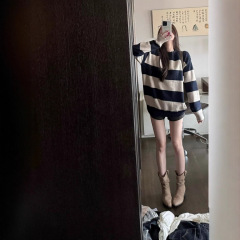 【北欧假期】针织衫女秋季慵懒风宽松显瘦条纹斜肩毛衣