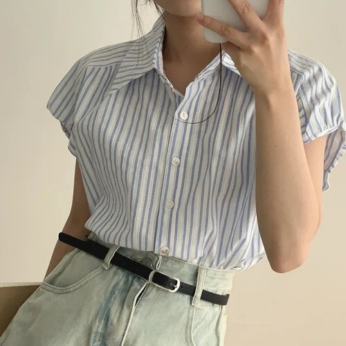 French Sweet Bubble Sleeve Striped Design Women's 2025 Summer New Soft Style Elegant Sun Protection Shirt