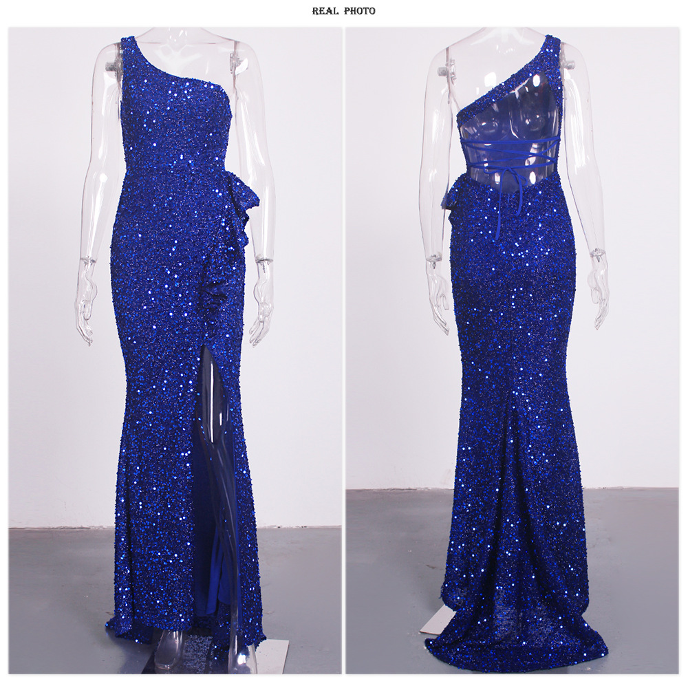 Elegant One-shoulder Sequin Evening Dress With Lace And Slit Detail_voghion.com