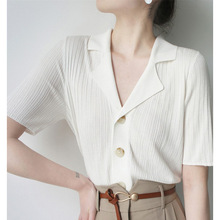 复古西装领衬衫女设计感小众夏季白色v领短袖针织衫衬衣薄款上衣