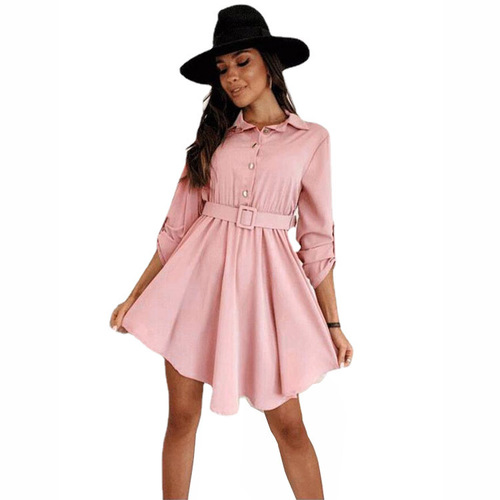 Wish Amazon 2024 Spring New Arrival European and American Style Color-Blocked Puff-Sleeved Waist-Slimming Shirt Long-Sleeved Solid-Color Dress