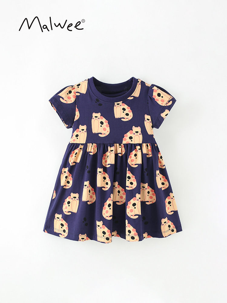 Malwee niños vestido de verano nuevo cuello redondo estilo occidental manga corta europea y americana falda casual