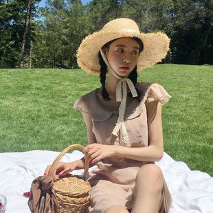 Summer travel big eaves hand-woven straw hat sunshade sweet lace beach sun hat children's room