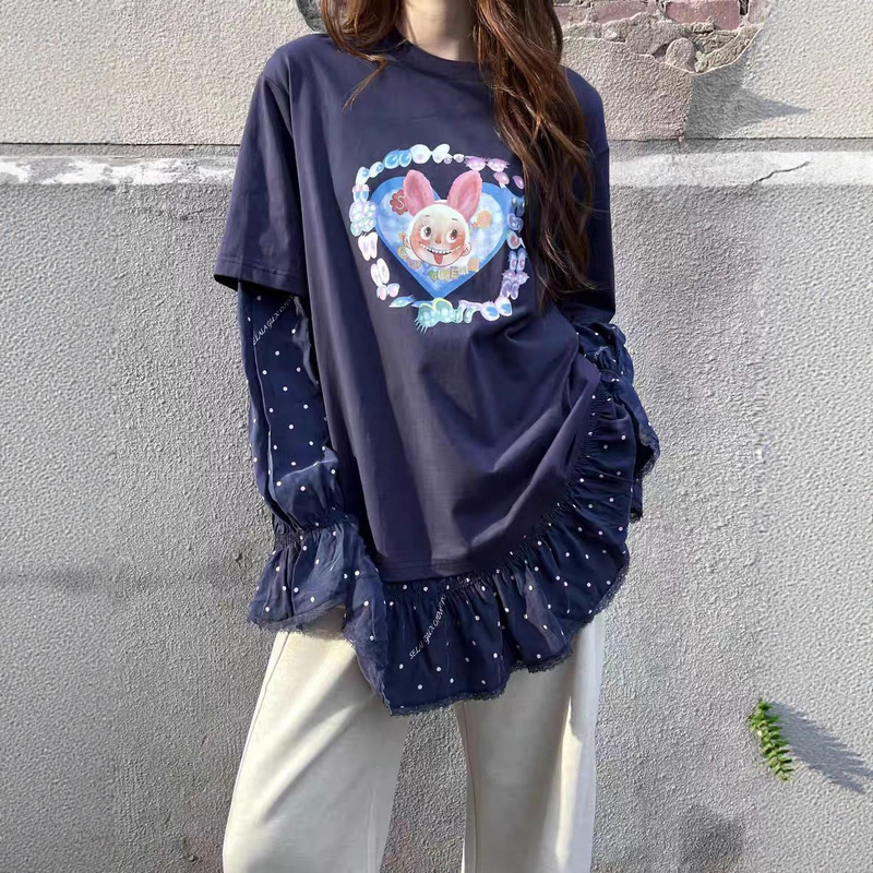 Yb Launches 25 New Autumn and Winter Designer Brand Polka Dot Patchwork Fake Two-Piece Printed Long-Sleeve T-Shirt Top