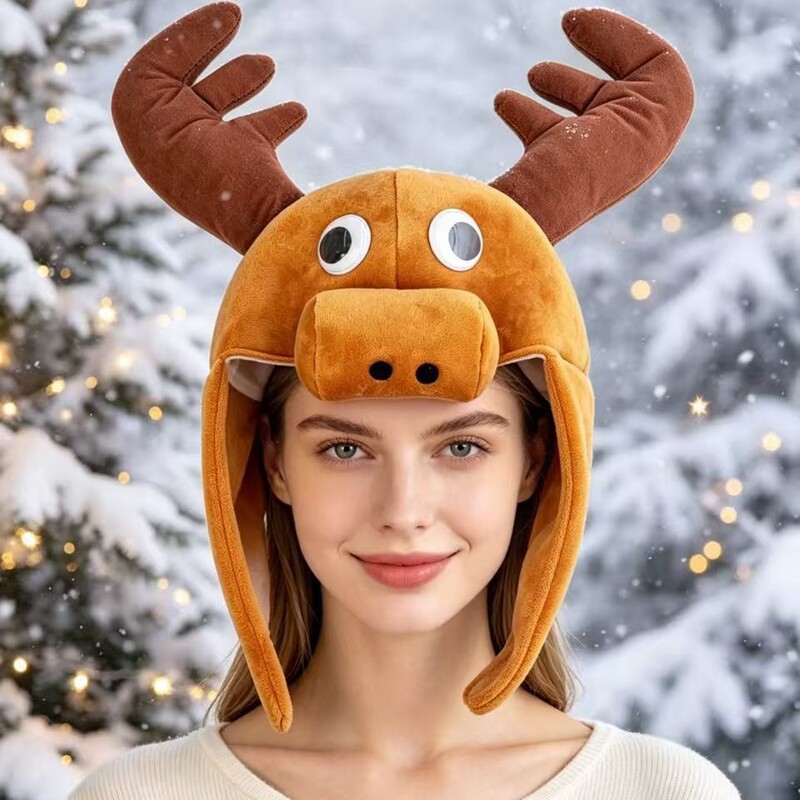 2026 New Cross-Border Product: Christmas Carnival Funny Reindeer Hat, Autumn and Winter Warm Plush Deer Animal Hair Accessory