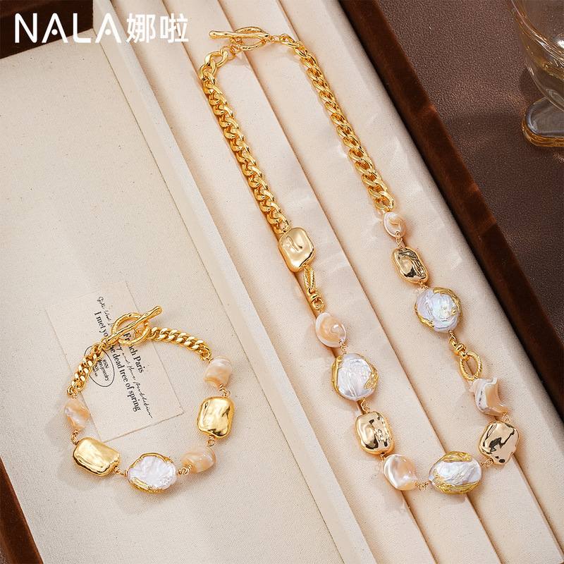 Nala Natural Mother-Of-Pearl Baroque Pearl Necklace and Bracelet Set Elegant Fashion Jewelry Set