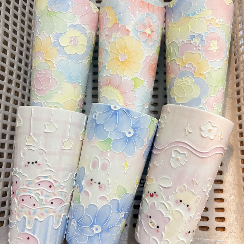 Guochao パイルオブフラワータンブラー 蓋付き ストローカップ 大容量 景徳鎮万華カップ 釉下色手描きウォーターカップ|undefined