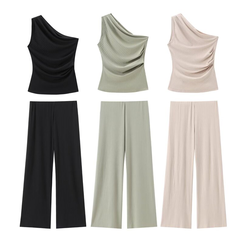 European and American cross-border women's clothing wholesale women's asymmetric collar sleeveless top high waist rib wide leg pants casual suit