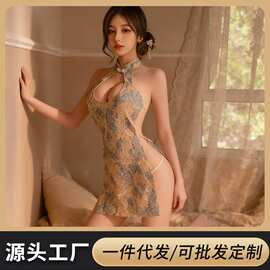 妧泱情趣内衣女性感镂空透视系带开衩秀雅佳人新中式旗袍制服qqny