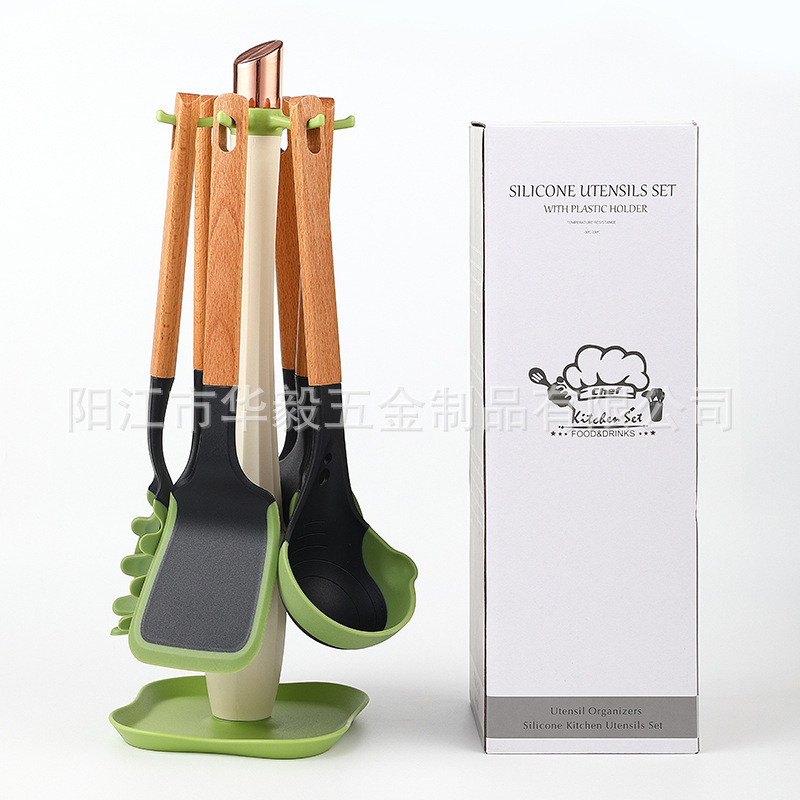 新品硅胶厨具套装双色硅胶手柄铲勺不粘锅铲子套组食品级漏勺厂家|undefined