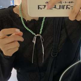 复古绿松石串珠蝴蝶结毛衣链红串珠天然石银色蝴蝶结项链锁骨链女