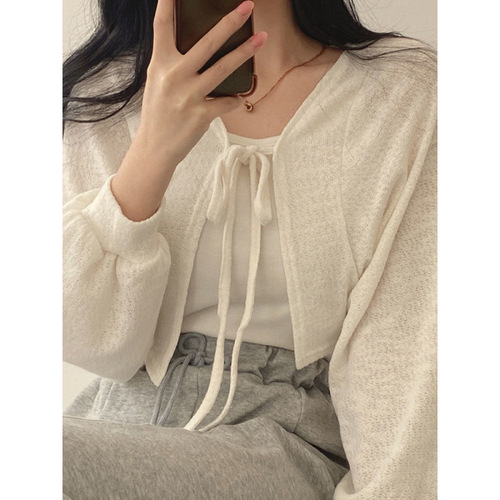 2025 Spring New White Strappy Lantern Sleeve Thin Simple Loose Versatile Open Knit Short Women's Coat