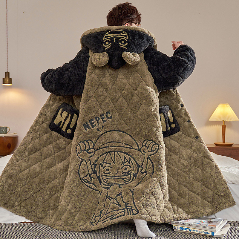 Men's Winter Coral Fleece Three-Layer Quilted Thickened Pajamas, Mid-Length for Teenagers, Autumn and Winter