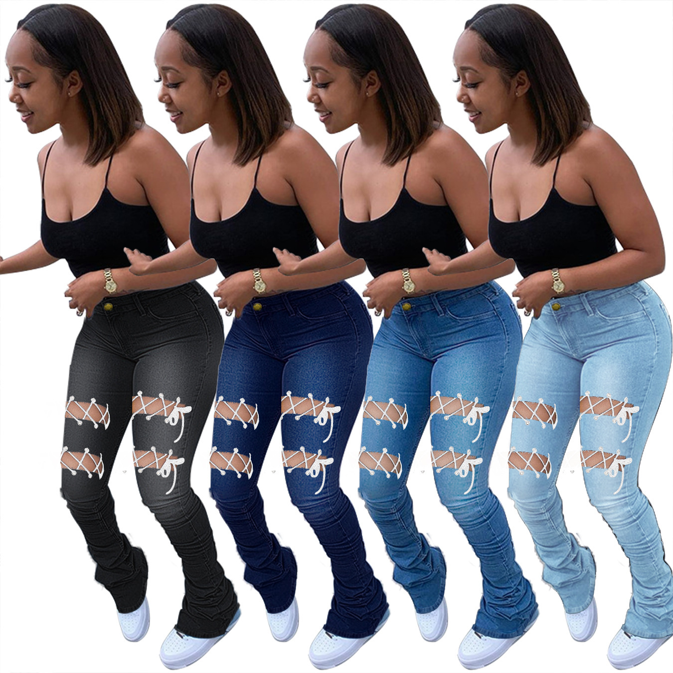 women s high-waist slim-fit ripped strappy jeans nihaostyles clothing wholesale NSWL79303