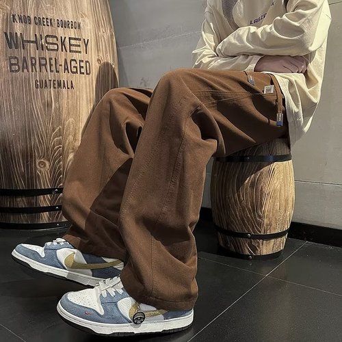 Vintage khaki men's spring autumn oversize Japanese casual drop-in leisure work pants straight leg loose wide-leg