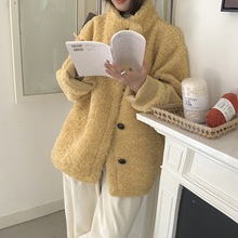 实拍 韩国chic气质羊卷毛双排扣外套   皮毛一体 立领中长款大衣