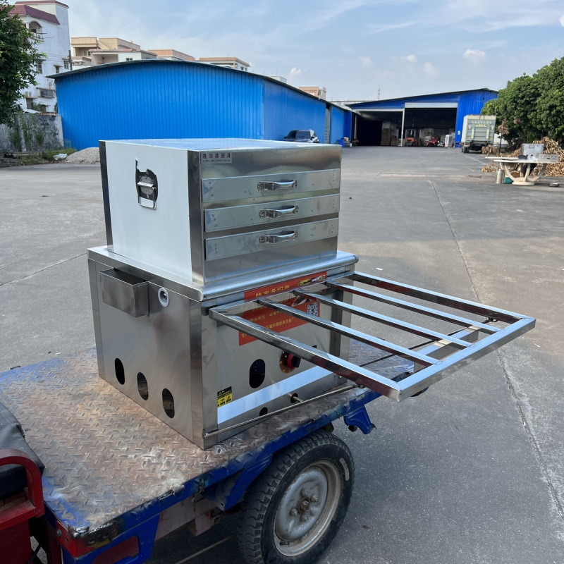 Longjingding modelo de coche de tres ruedas máquina de salchichas de gas vapor comercial multifuncional horno de salchichas de vapor de desayuno cabina completa