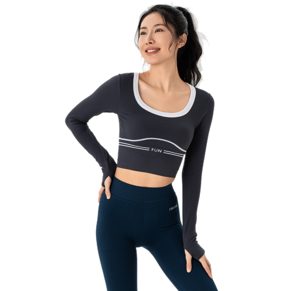 (2개) 가을과 겨울 피트니스 트레이닝 긴팔 콘트라스트 컬러 화이트 에지 고정 컵 러닝 스포츠 요가 상의 여성용 요가복