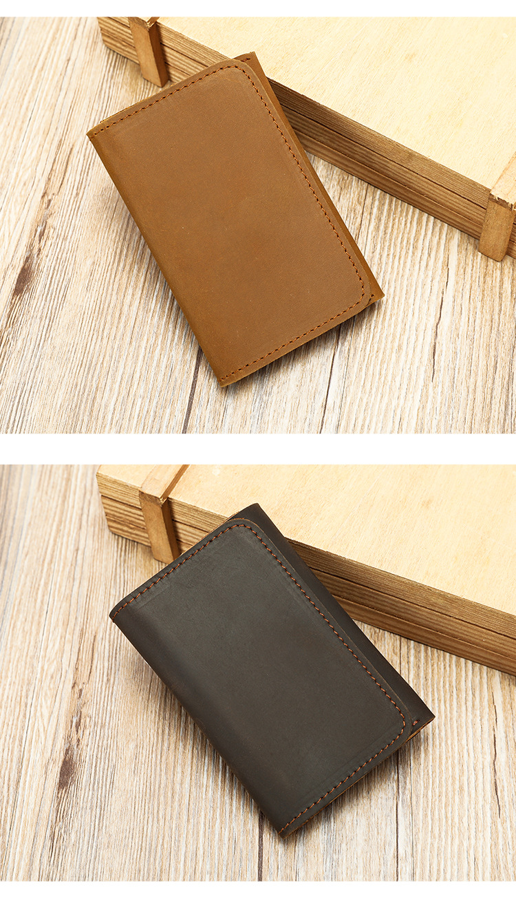Ví da nam gập mini siêu mỏng phong cách retro, đựng thẻ và tiền xu du lịch — Màu nâu sẫm, màu nâu chi tiết 4